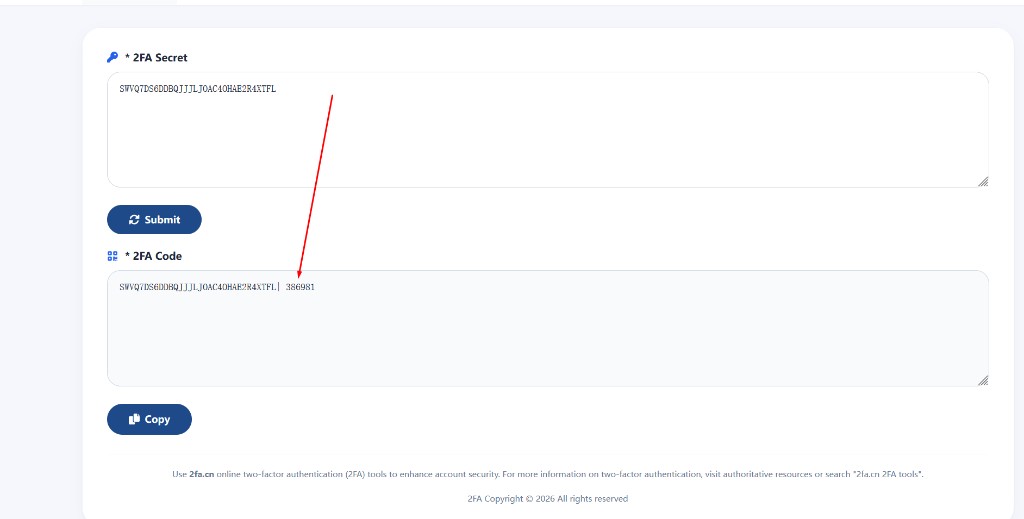 2FA website showing where to paste the 2FA Key and copy the generated code